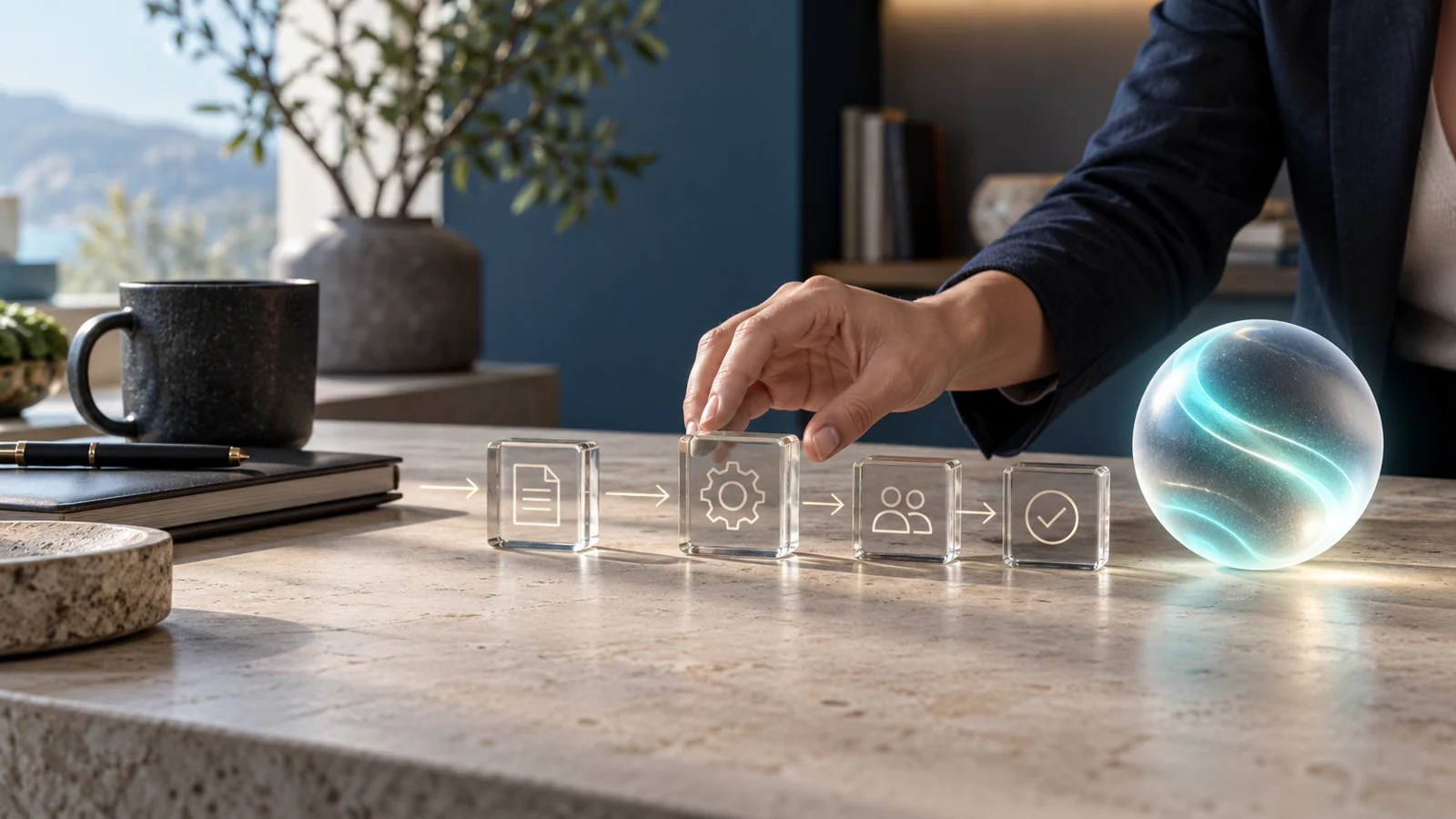 Human hand arranging workflow blocks beside an abstract assistant orb