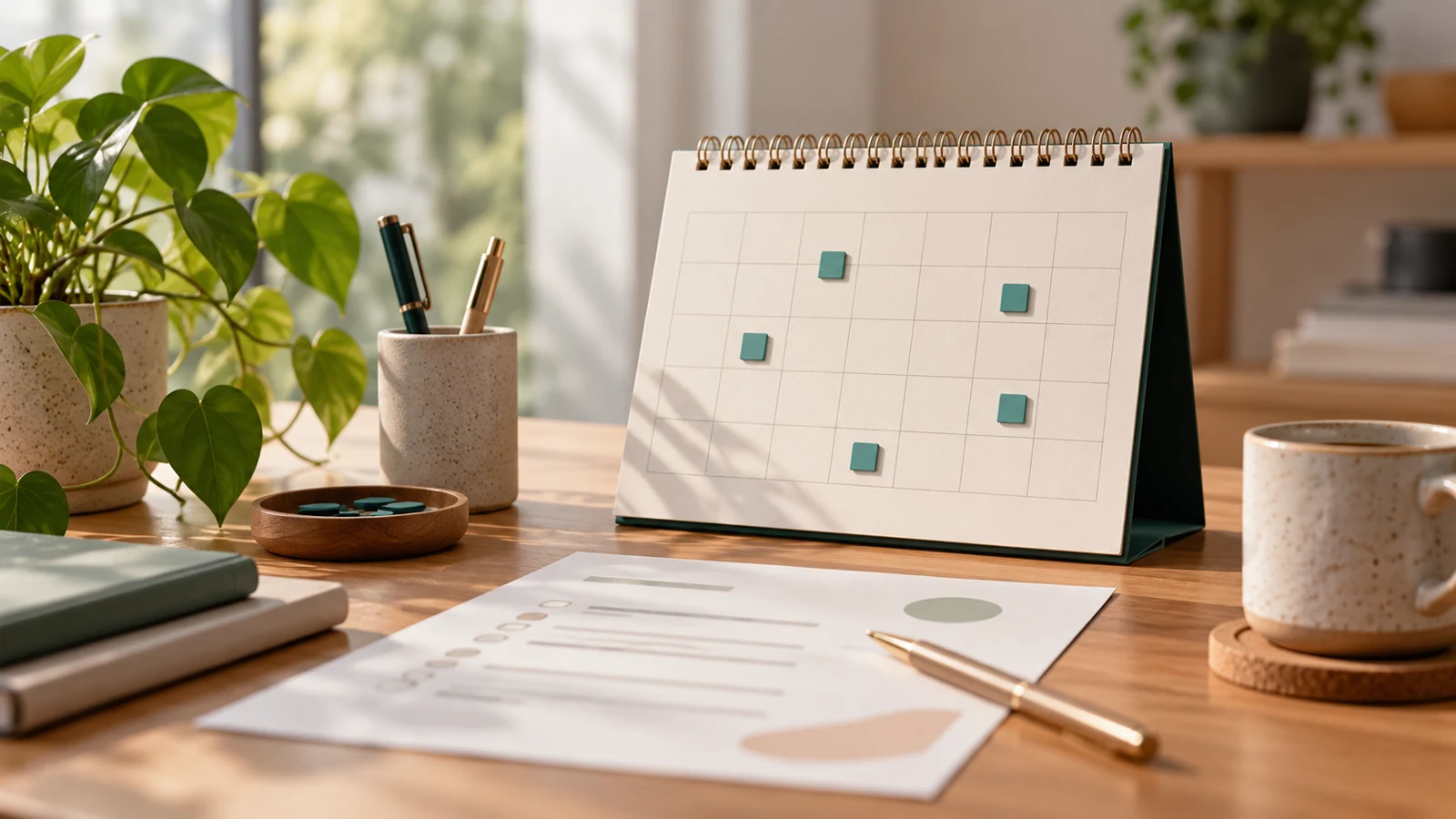 Desk calendar with selected leave days and a request sheet