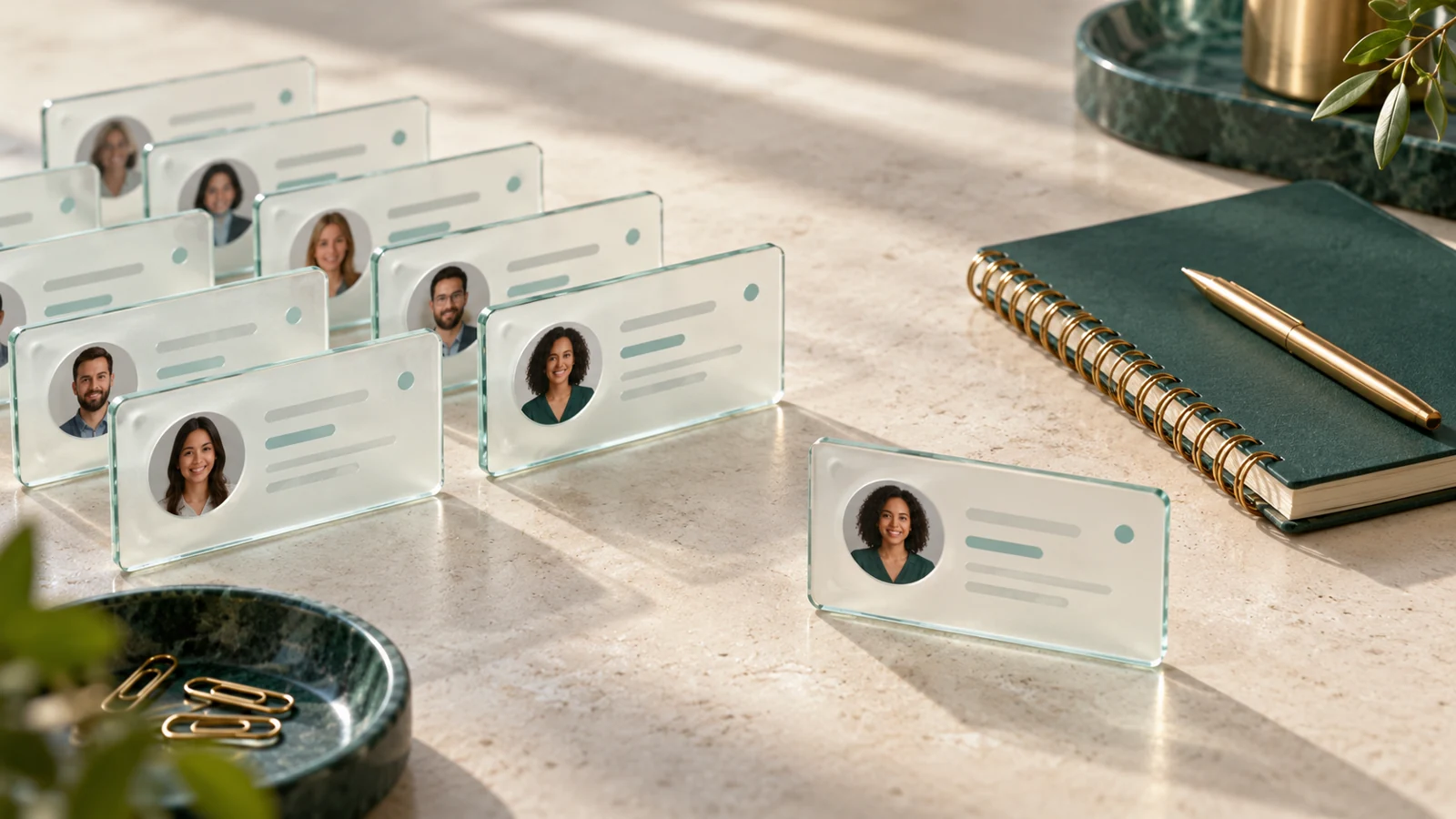 Glass customer cards arranged for a duplicate-record review