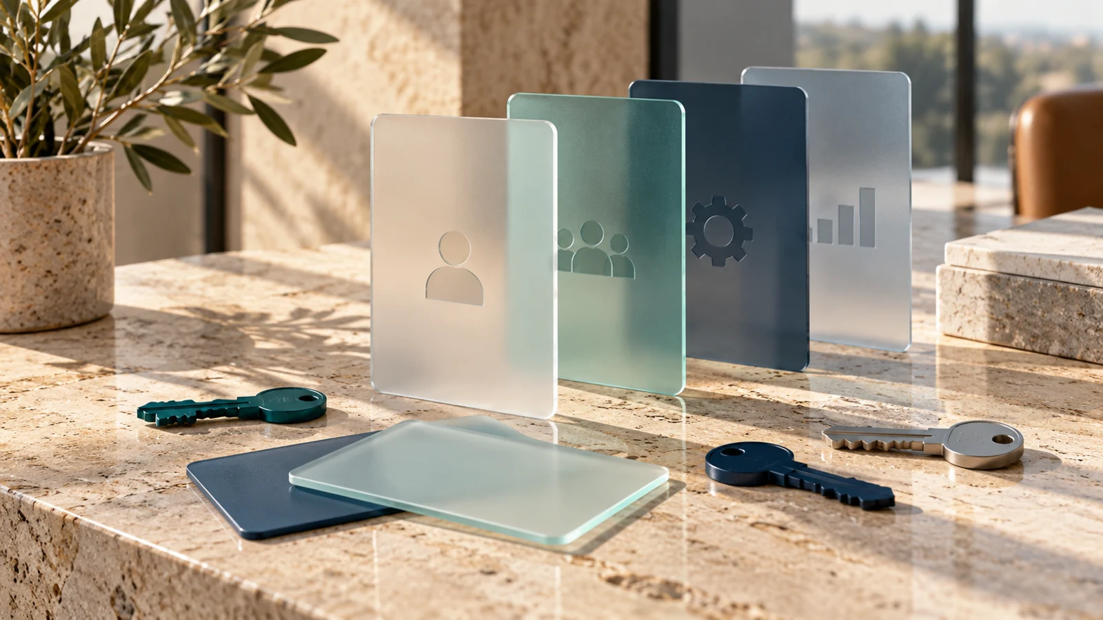 Layered access cards and keys illustrating different user responsibilities