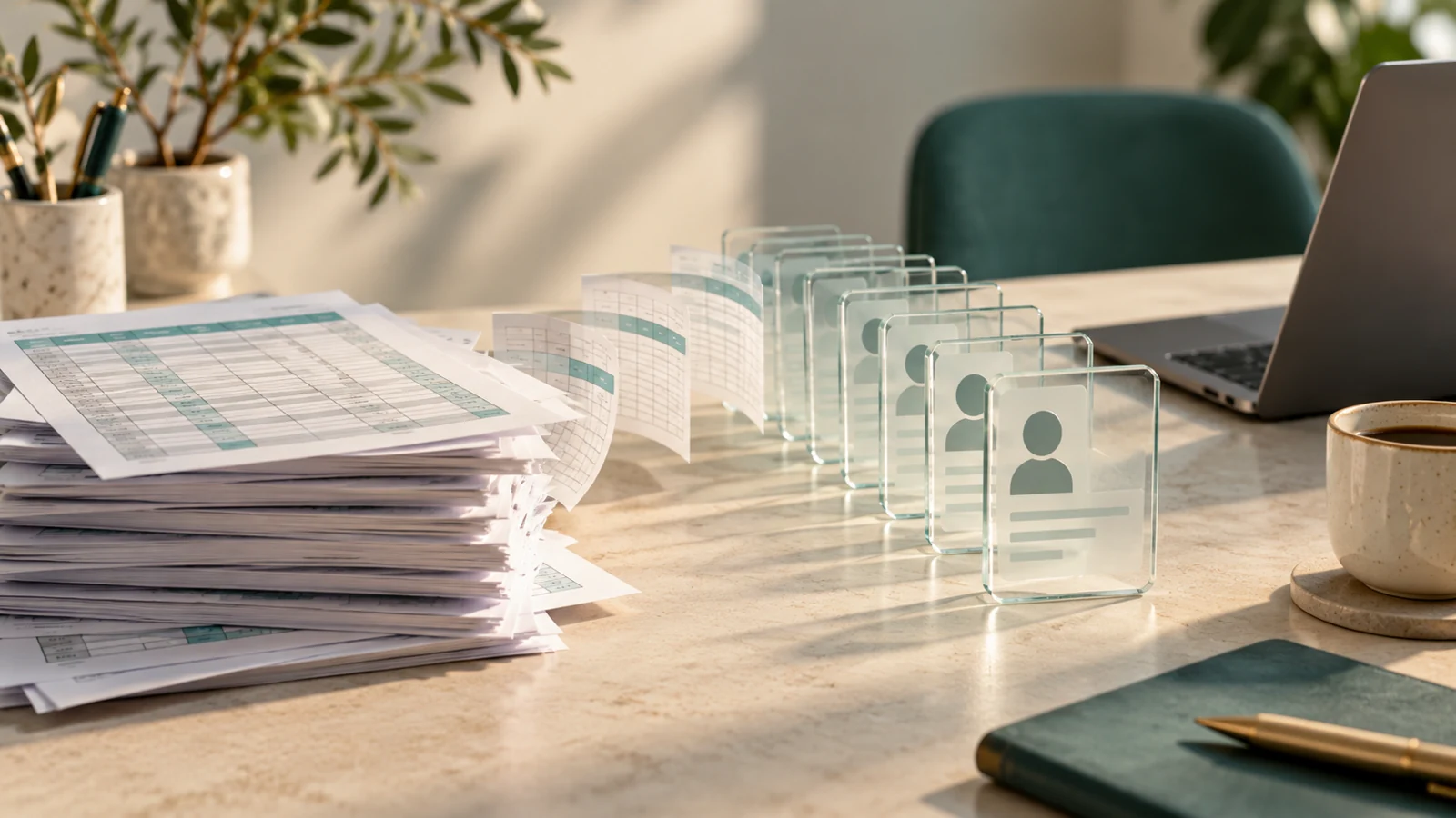 Paper spreadsheet rows beside organised customer cards