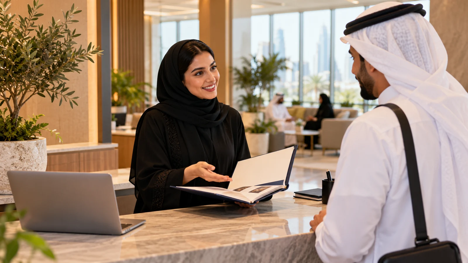 HR colleague welcoming a new employee with an onboarding folder