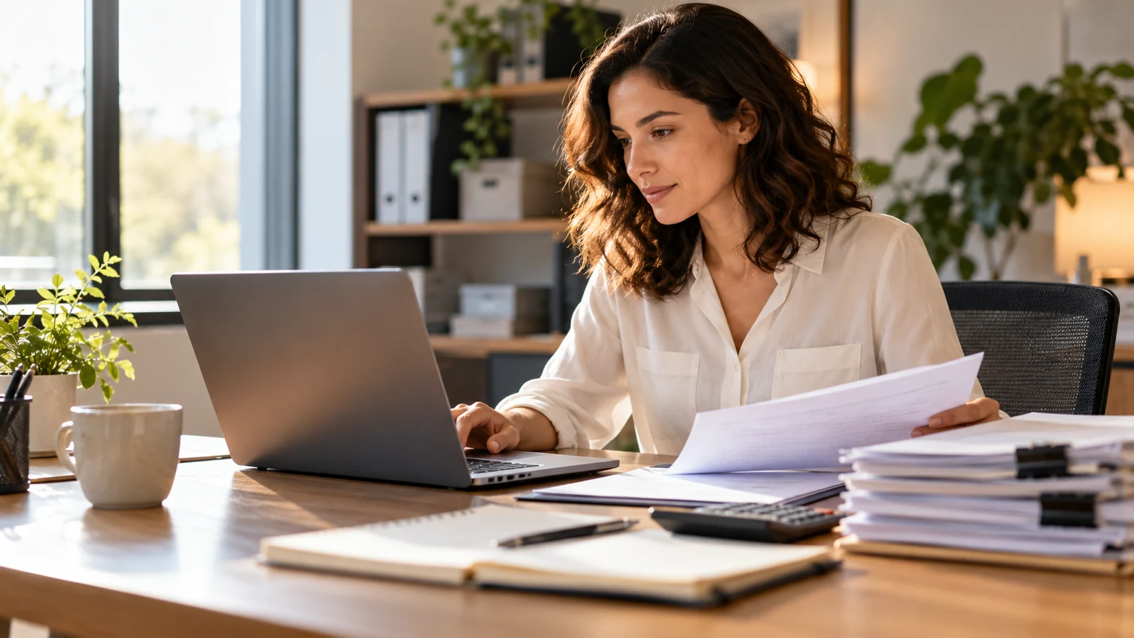 Payroll specialist reviewing documents beside a laptop