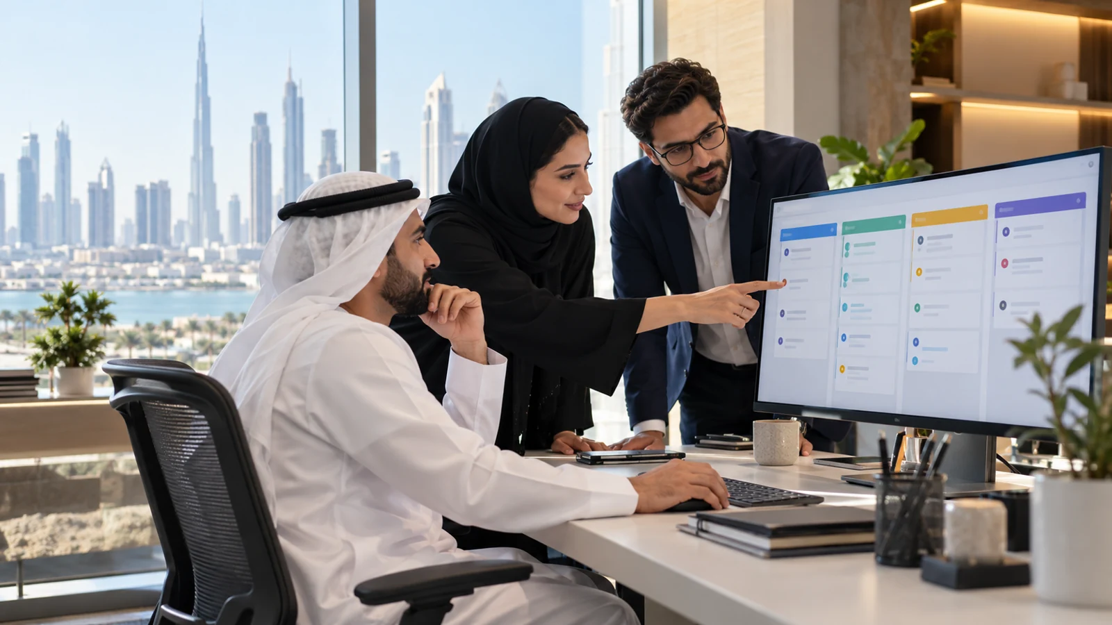 Colleagues reviewing a sales pipeline in a Gulf office